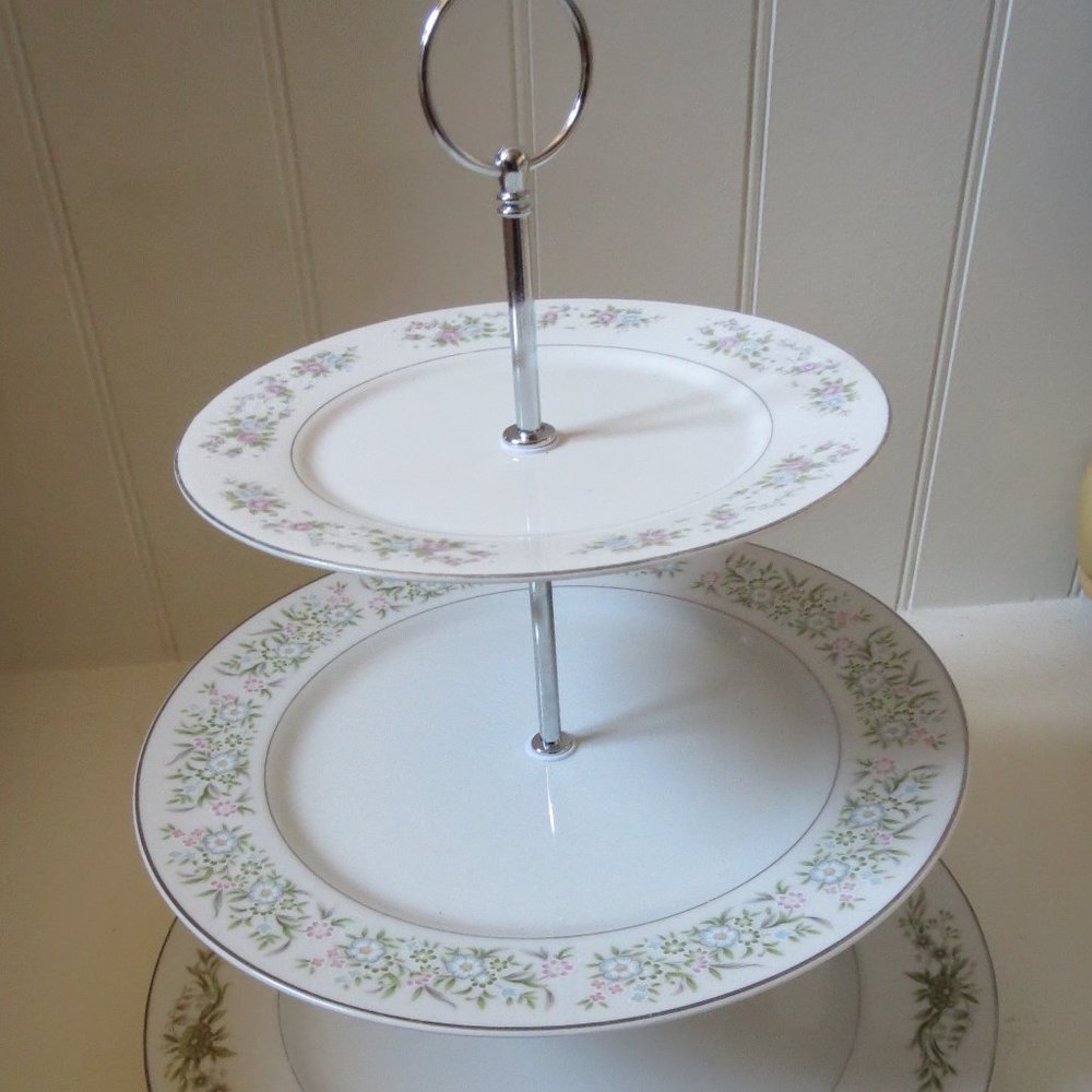 Dessert Stand Pastry Tiered Cupcake Holder Vintage Plates China Wedding Upcycled